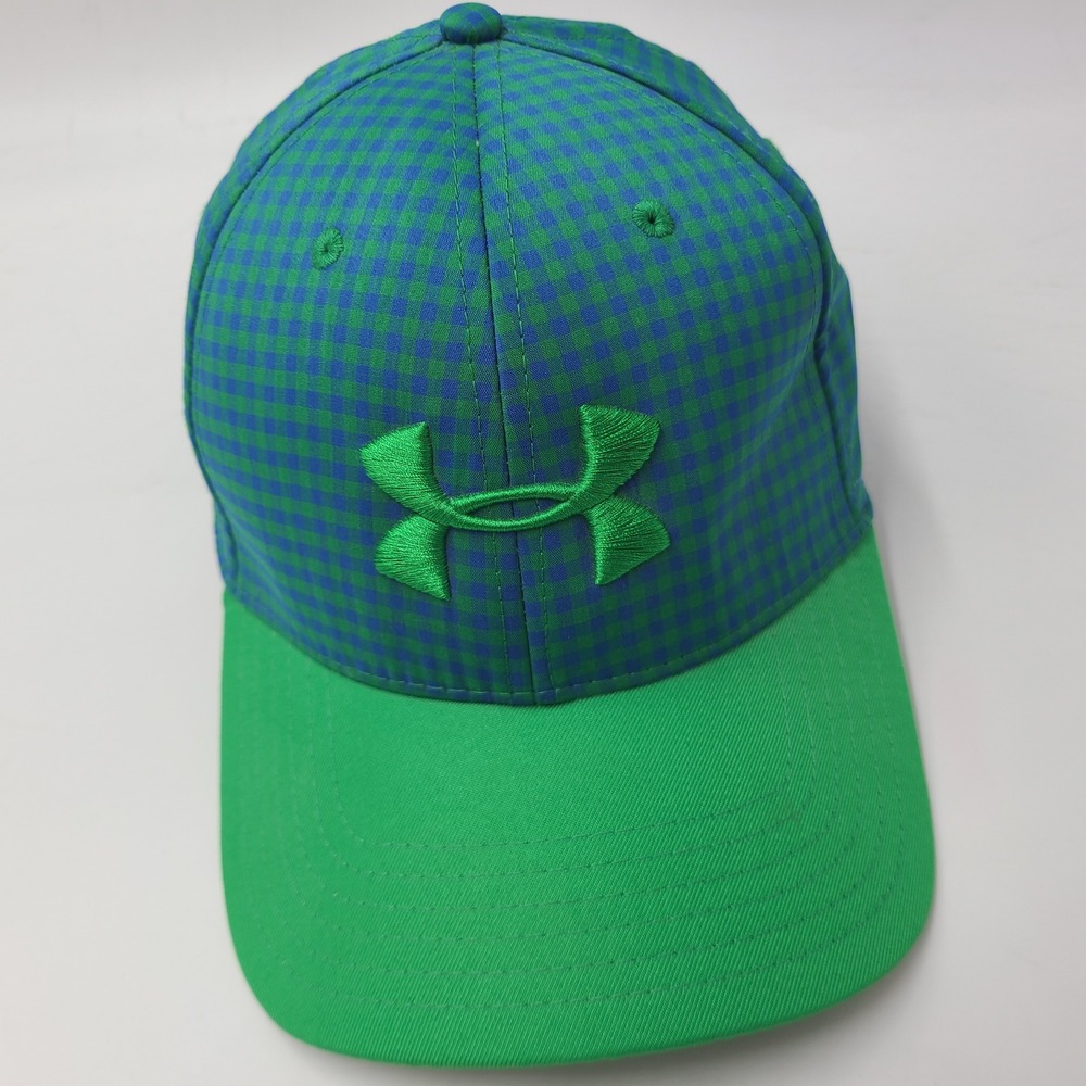 Under Armour Hat Fitted M-L Green Blue Plaid Casual Golf Polyester Blend Men